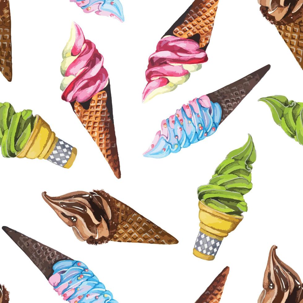 Seamless of Soft serve Ice cream watercolor, Background vector