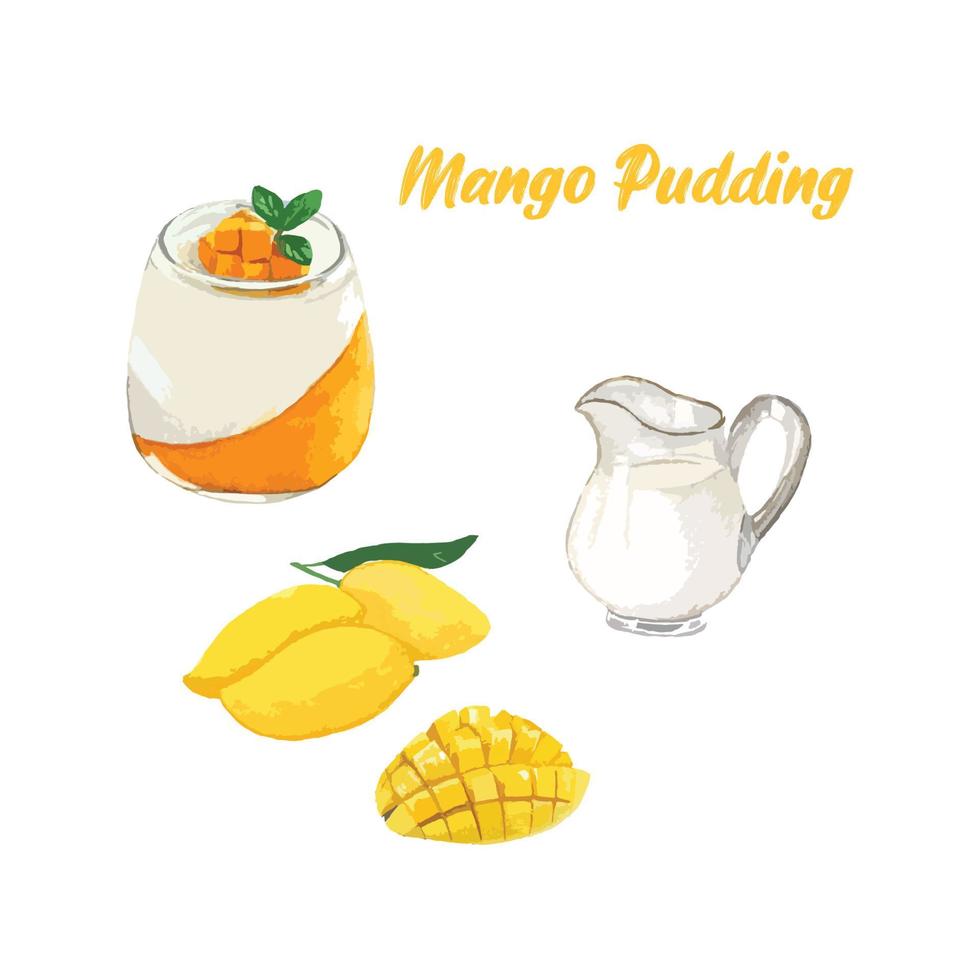Mango Pudding, Panna Cotta, Mango dessert menu Vector