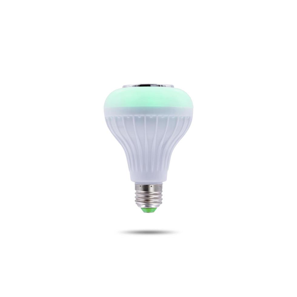 Multi colored LED flashing ceiling lighting with built-in wireless speaker isolated on white background. photo