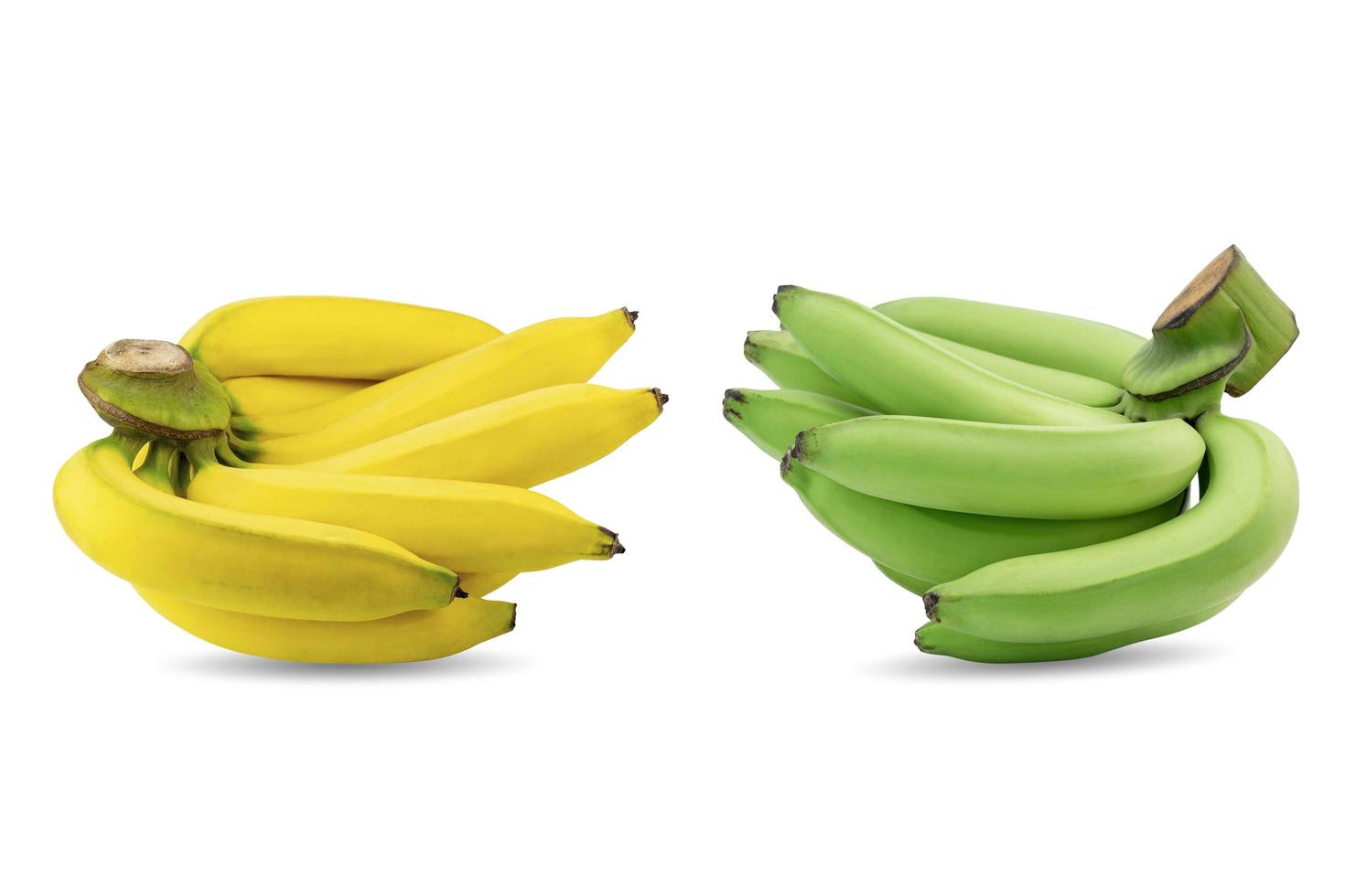 Group of green and yellow bananas in a same branch isolated on white background. photo