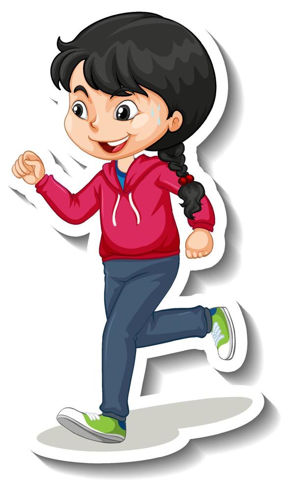 Pegatina de personaje de dibujos animados con una niña corriendo sobre fondo blanco vector