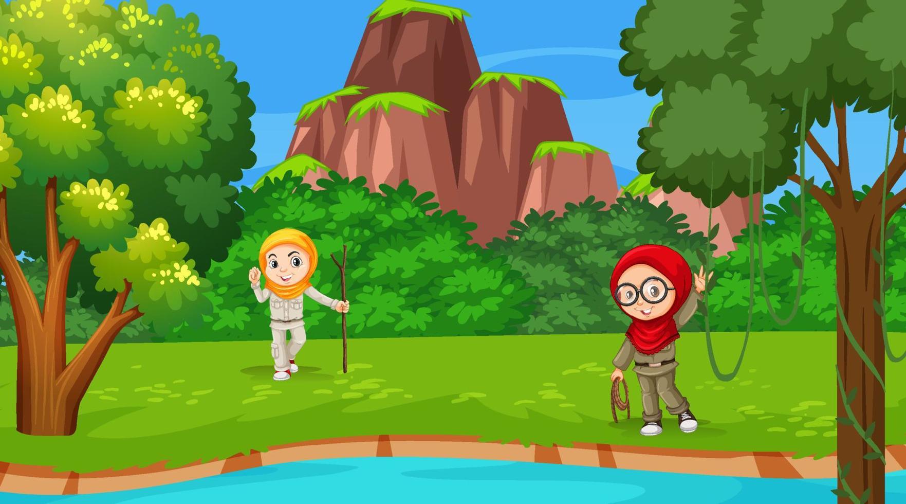 Nature scene with muslim kids exploring in the forest vector