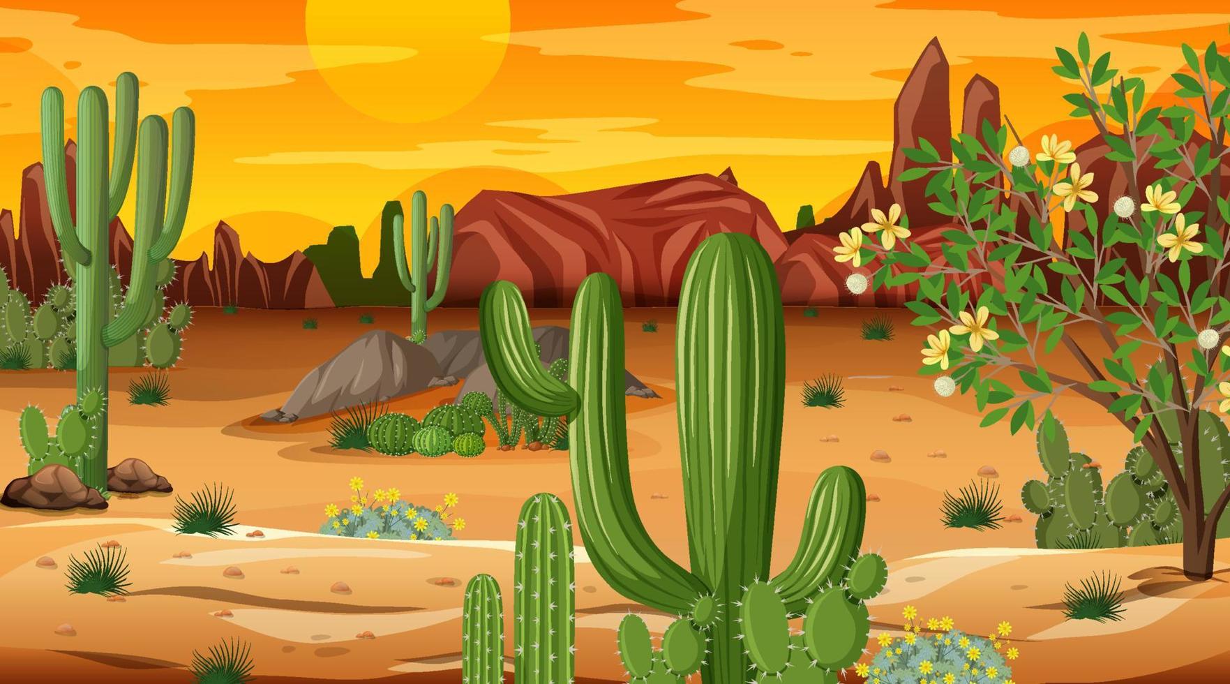 paisaje de bosque desértico en la escena del atardecer con muchos cactus vector