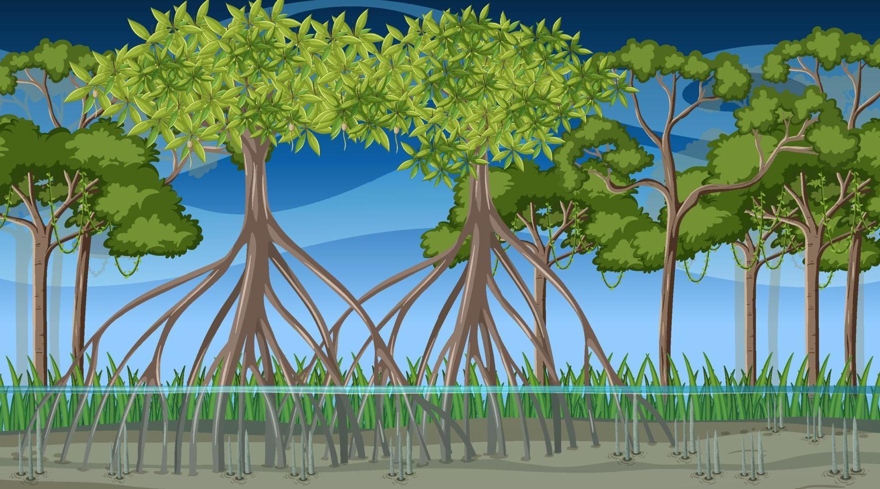 Nature scene with Mangrove forest at night in cartoon style vector