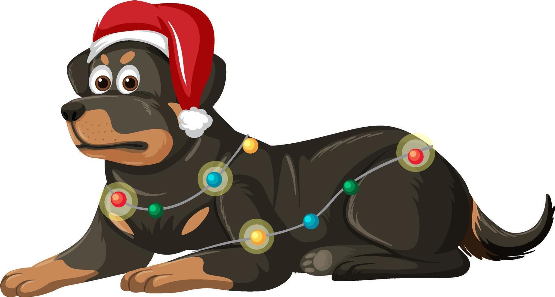 perro rottweiler con personaje de dibujos animados de sombrero de navidad vector