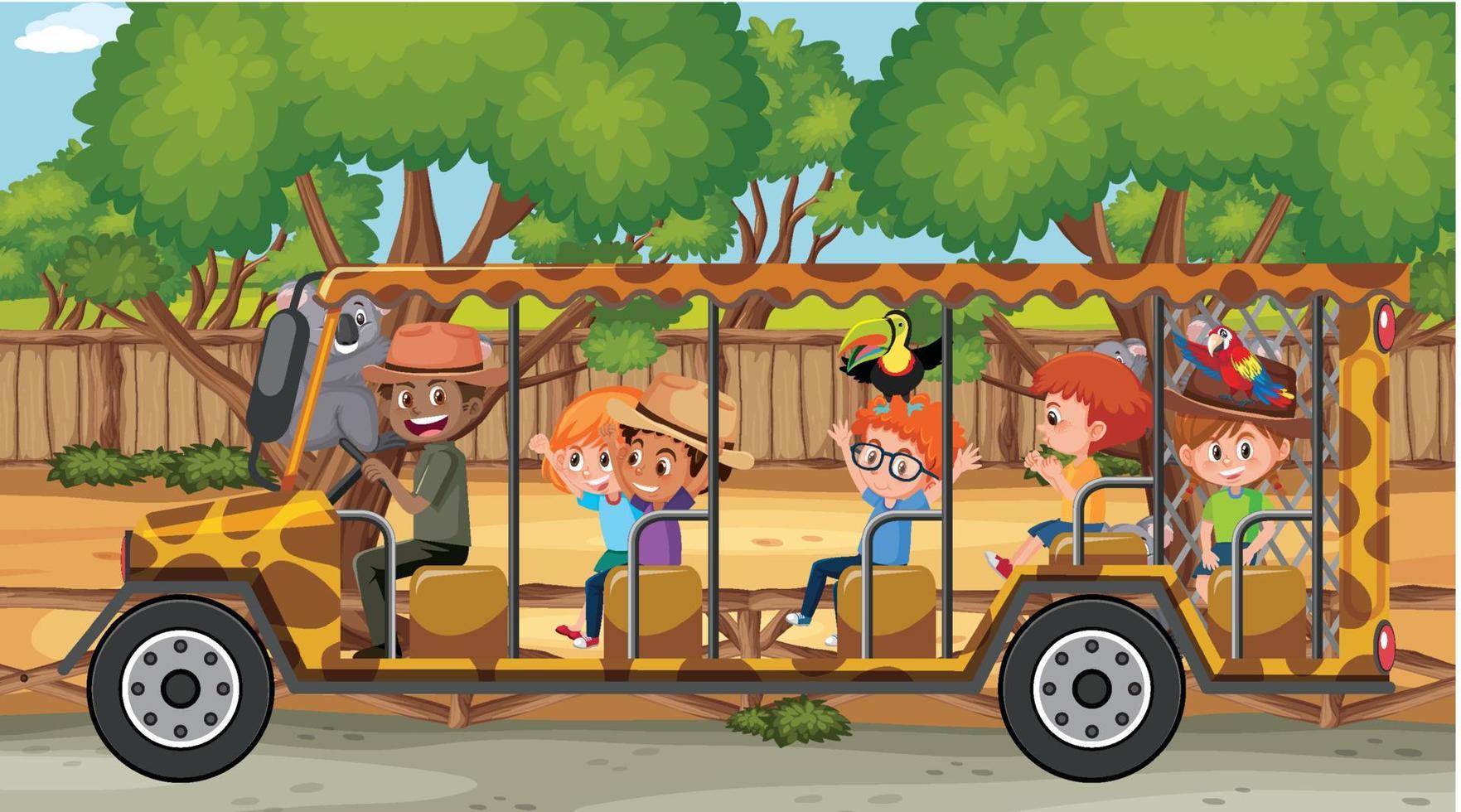 Safari scene with children watching on a tourist car vector