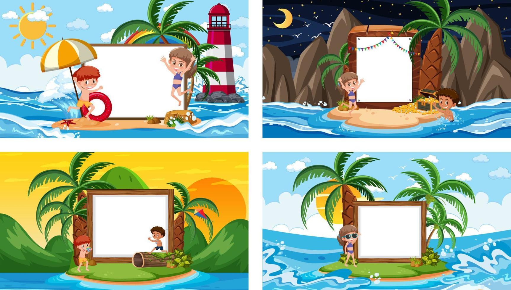 Set of different tropical beach scenes with blank banner vector