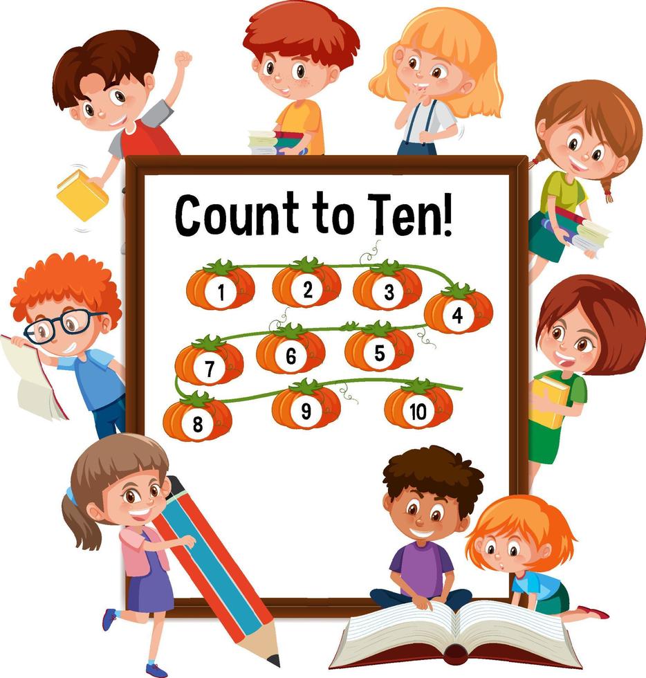 Count to ten number board with many kids doing different activities vector