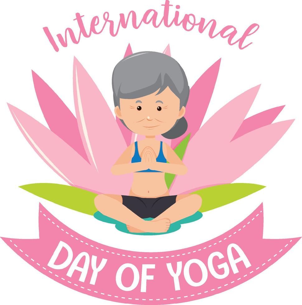 International Day of Yoga banner with old woman doing yoga pose vector