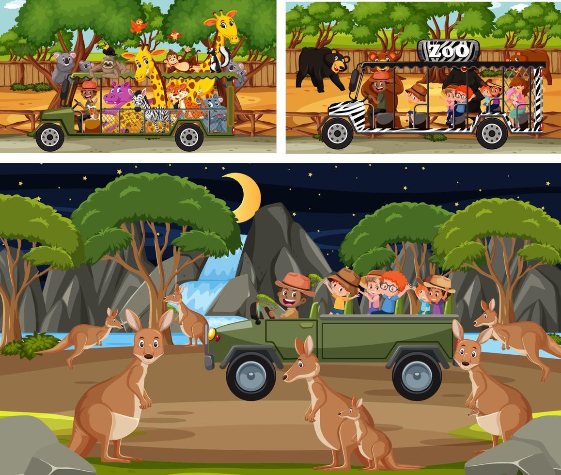 Diferentes escenas de safari con animales y personajes de dibujos animados para niños. vector