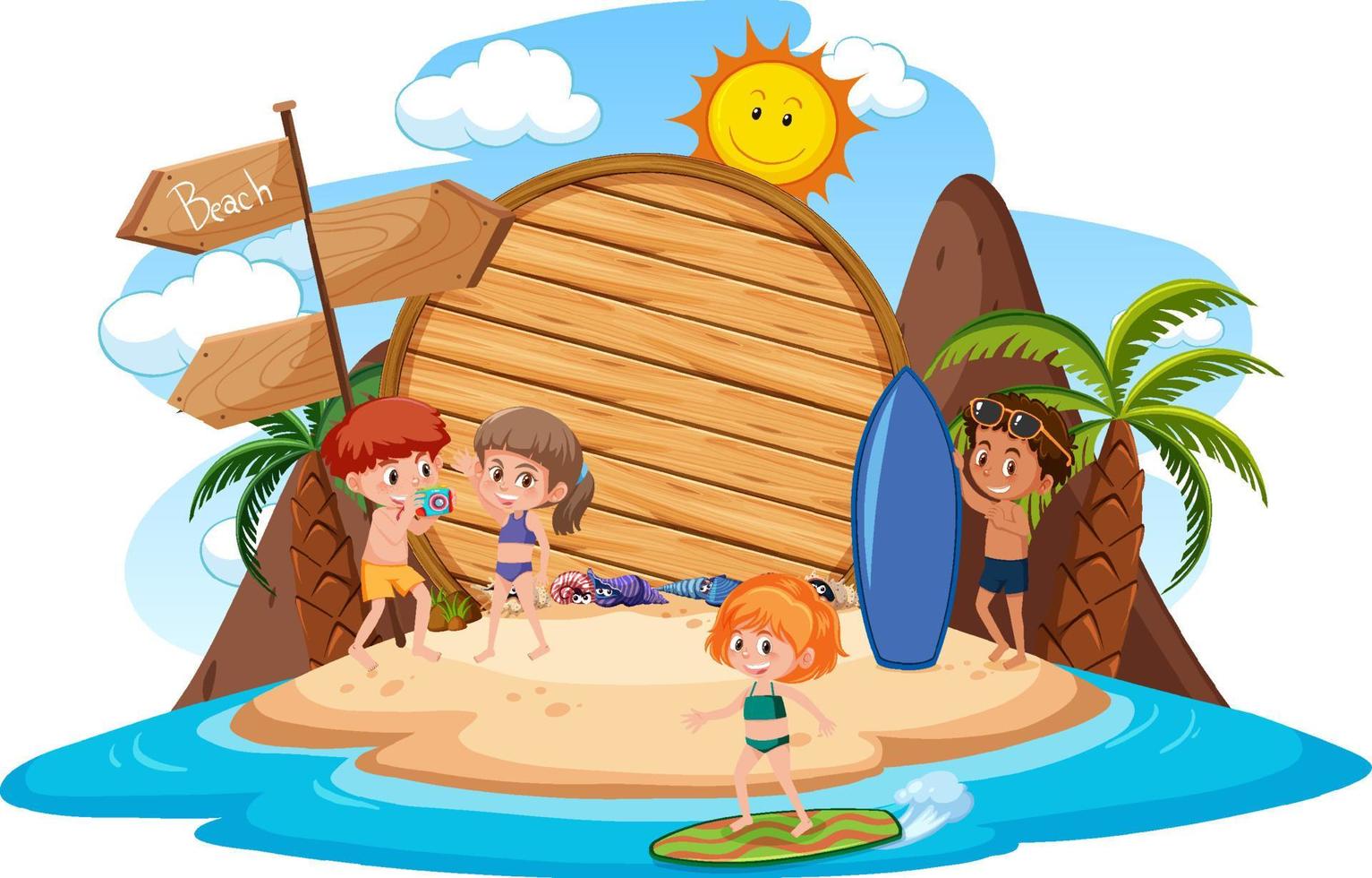 Empty banner template with kids character on summer vacation at the beach on white background vector