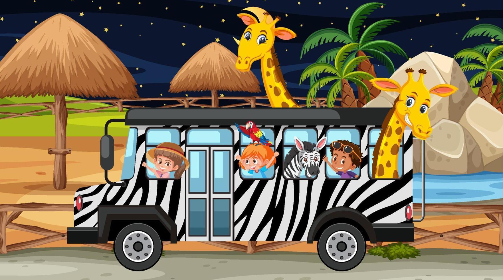 Safari en escena nocturna con niños y animales en el autobús. vector