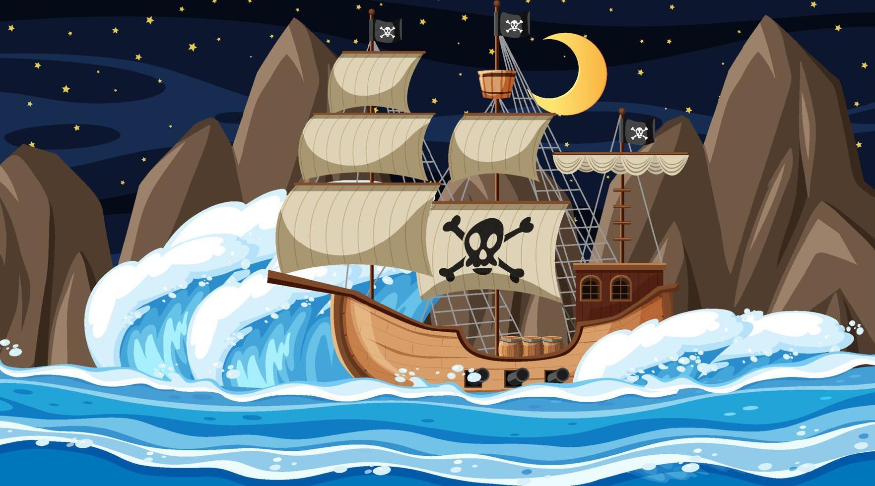 océano con barco pirata en la escena nocturna en estilo de dibujos animados vector