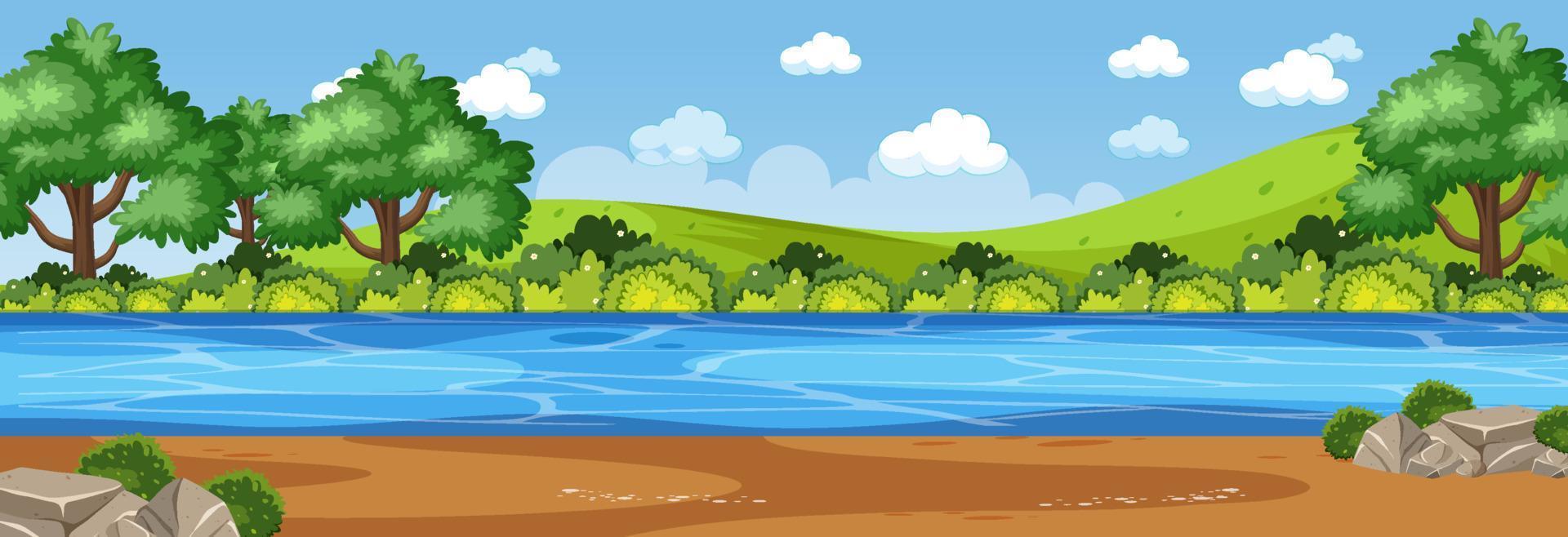 Escena de paisaje panorámico con río a través del parque. vector