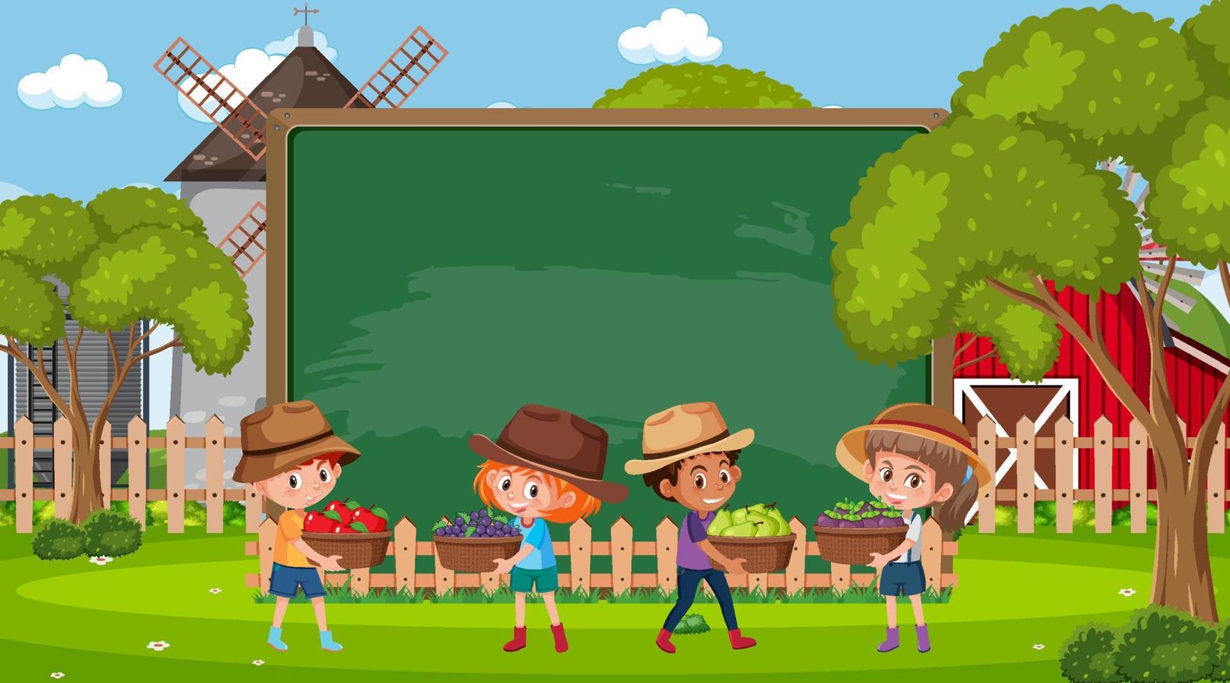 Empty blackboard with farmer kids at the farm scene vector