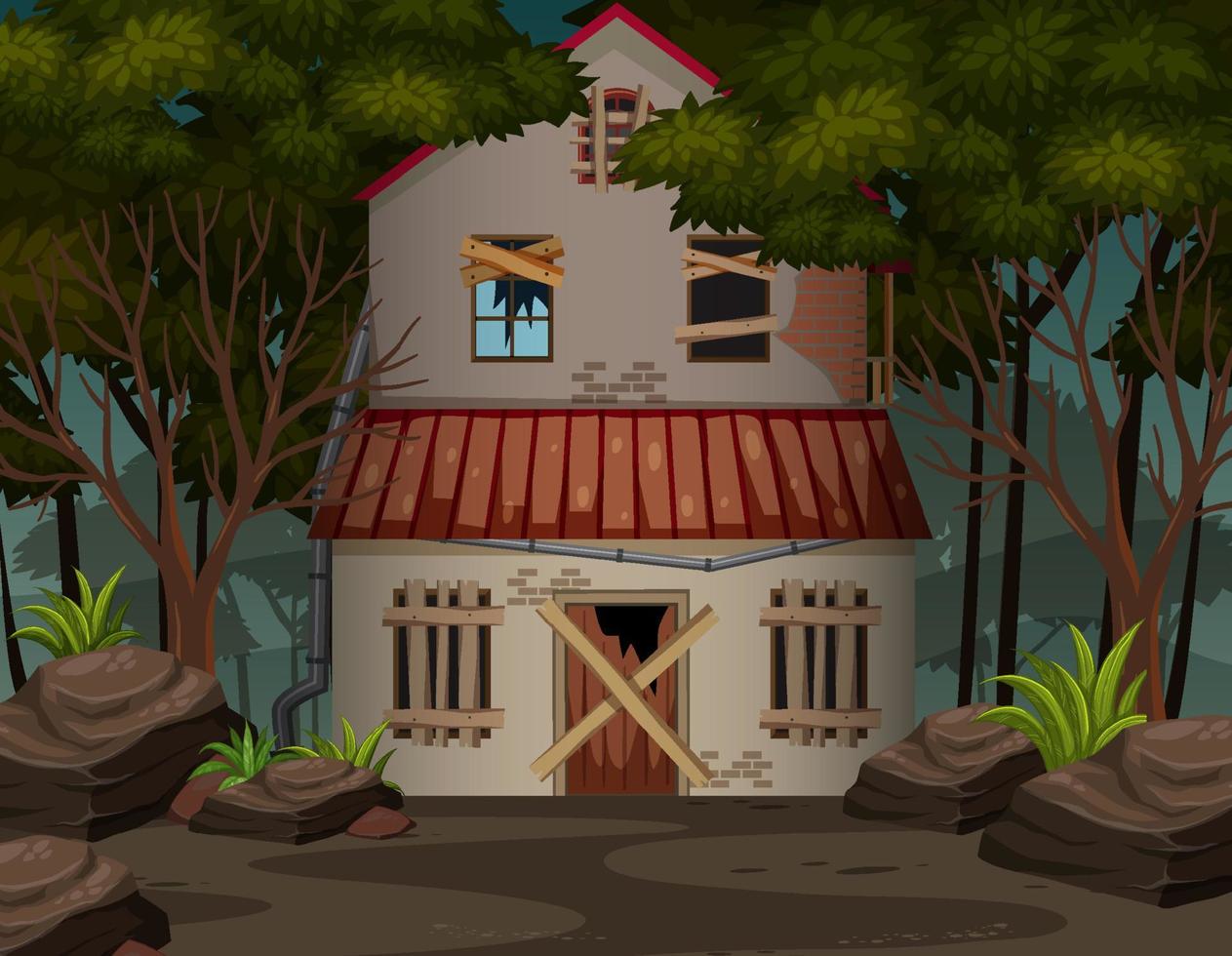 Scene with abandoned house in the dark forest vector