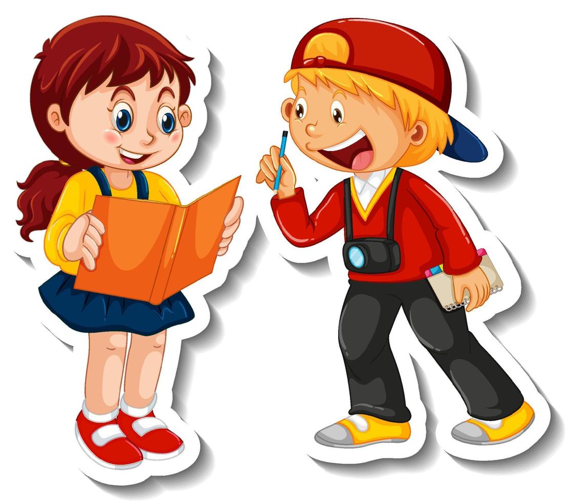 Sticker template with couple of kids students cartoon character isolated vector