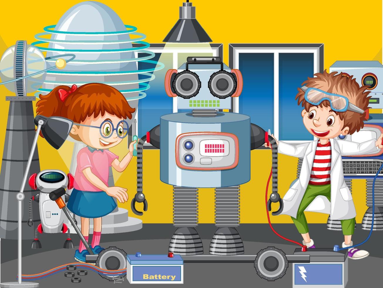 Scene with children building robot together vector