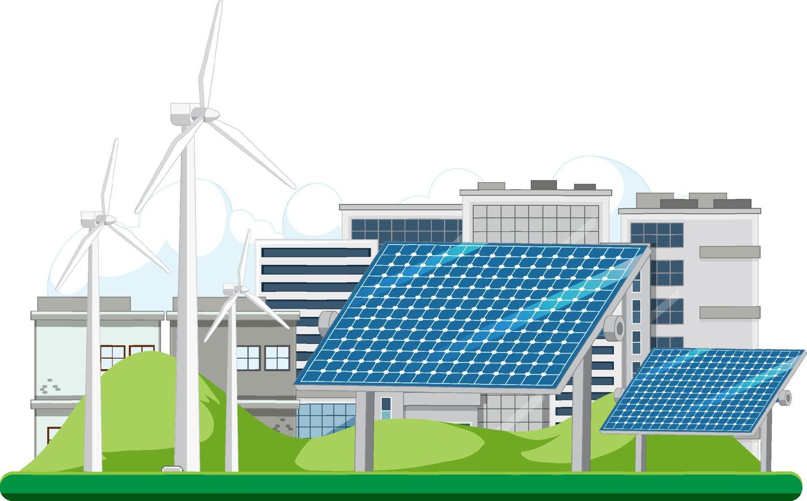 Energía verde generada por turbinas eólicas y paneles solares. vector