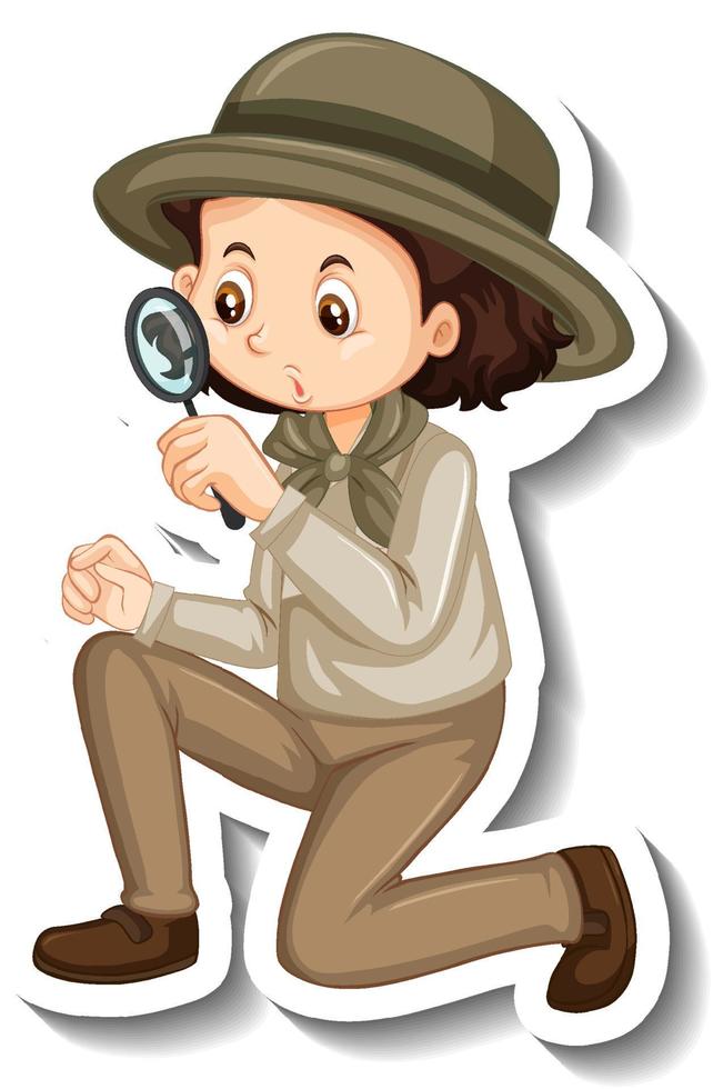 una plantilla de pegatina con una chica en traje de safari personaje de dibujos animados vector