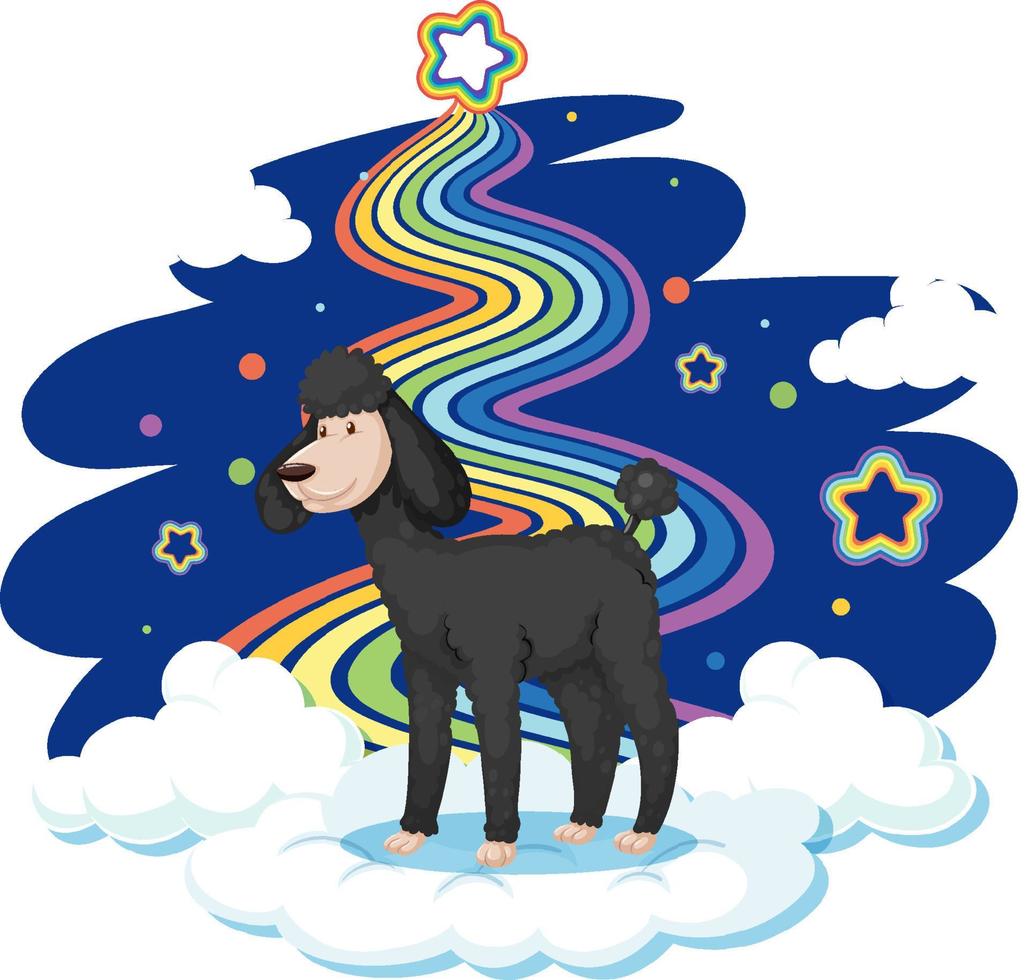 lindo caniche de pie en la nube con arco iris vector