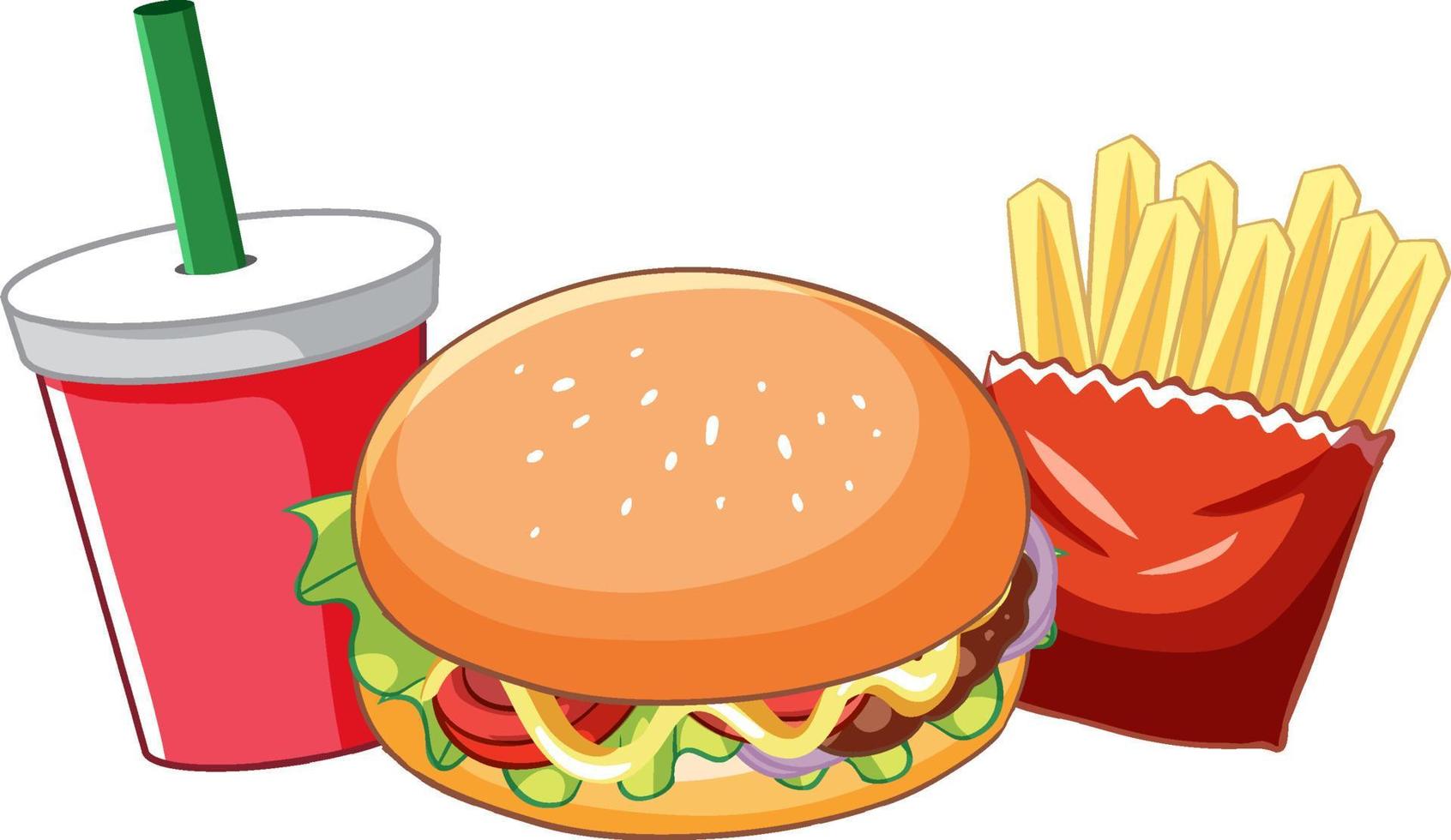 Conjunto de comida rápida con hamburguesas y papas fritas. vector