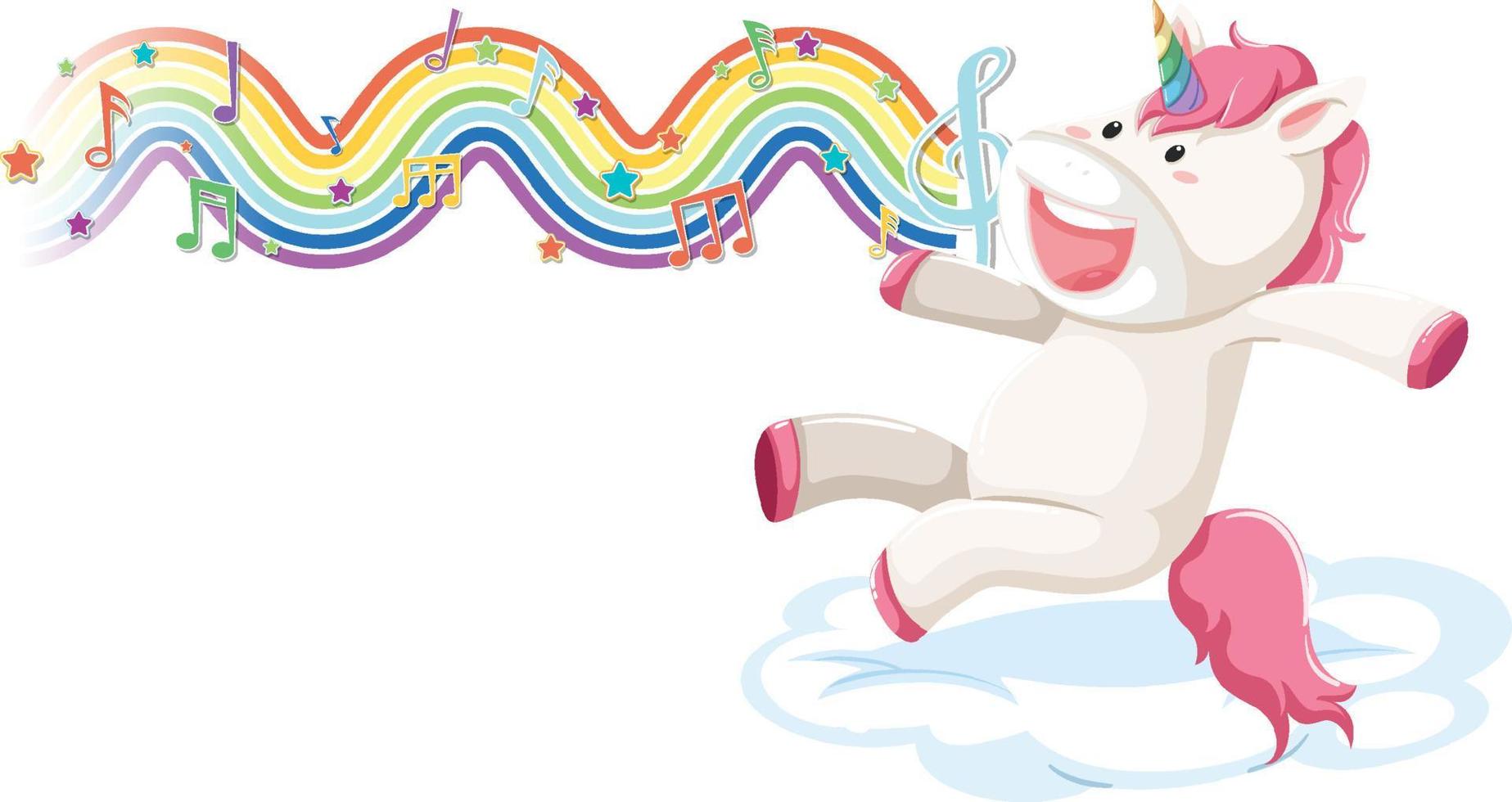 Unicorn jumping on the cloud with melody symbols on rainbow wave vector