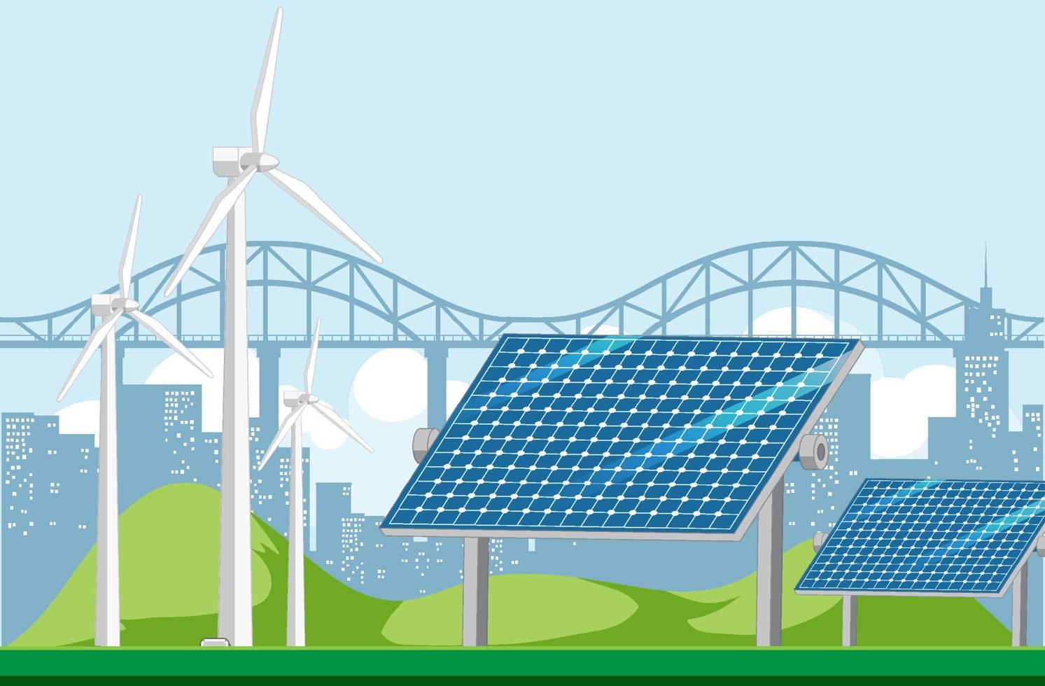 Energía verde generada por turbinas eólicas y paneles solares. vector