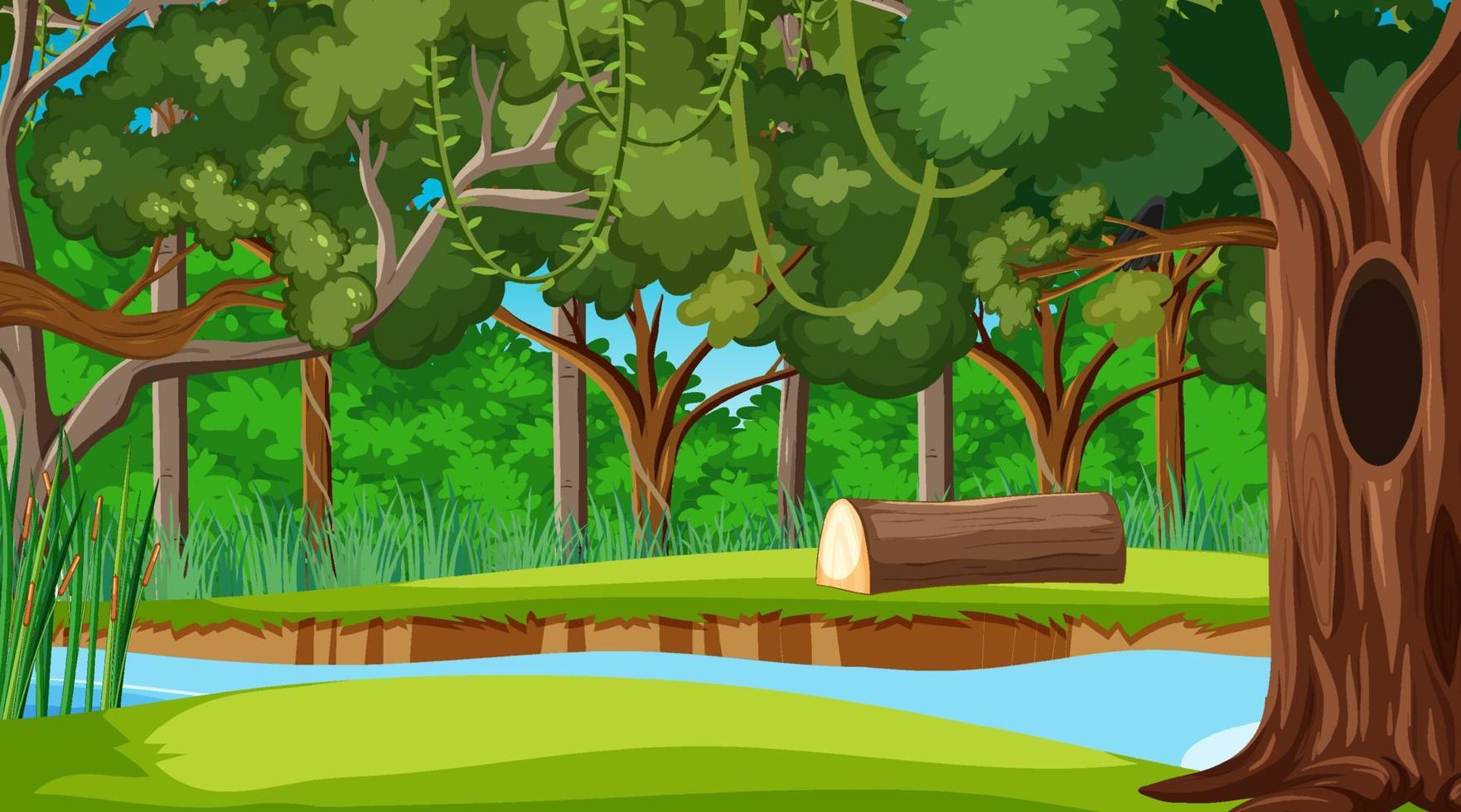 escena de la naturaleza con un arroyo que fluye a través del bosque vector