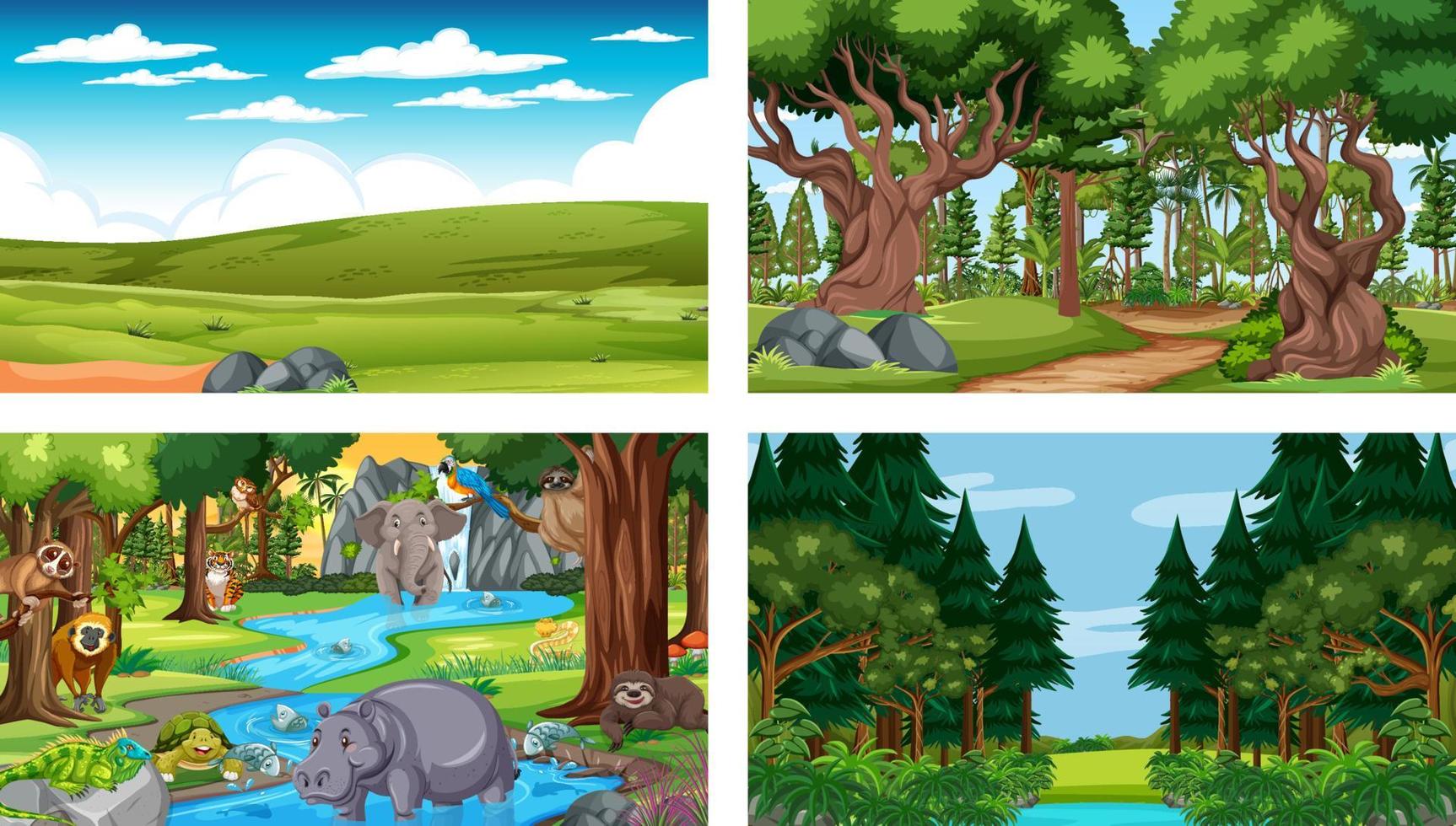 Set of different forest horizontal scene with various wild animals vector