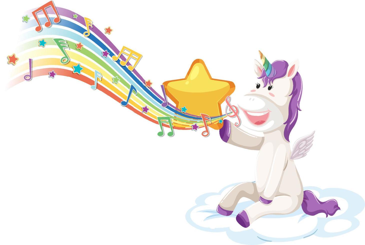 Cute unicorn sitting on the cloud with melody symbols on rainbow vector