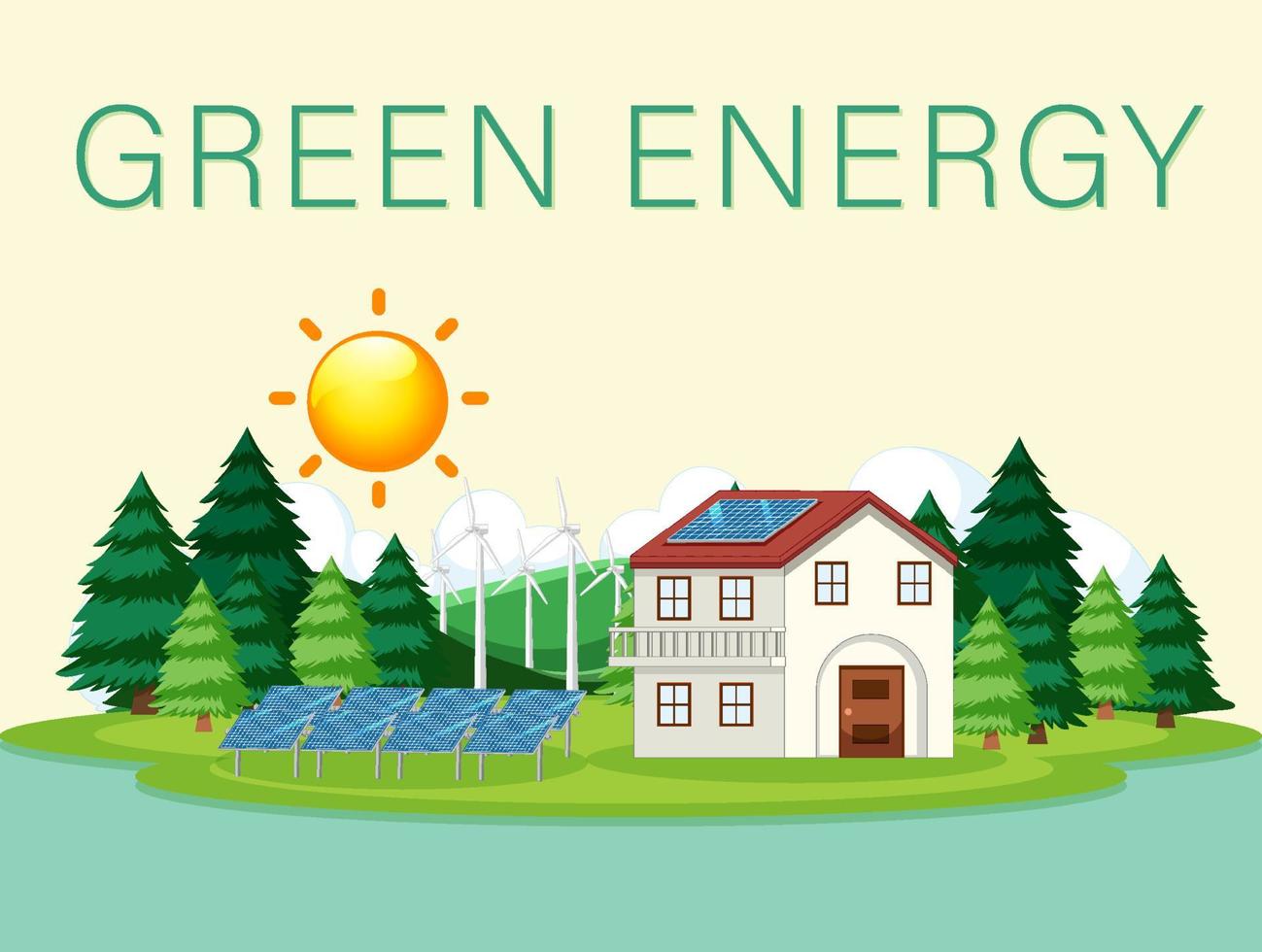 Energía verde generada por turbinas eólicas y paneles solares. vector