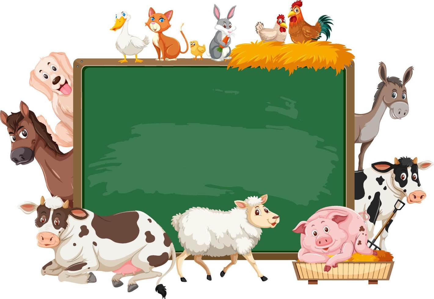 Empty blackboard with various farm animals vector