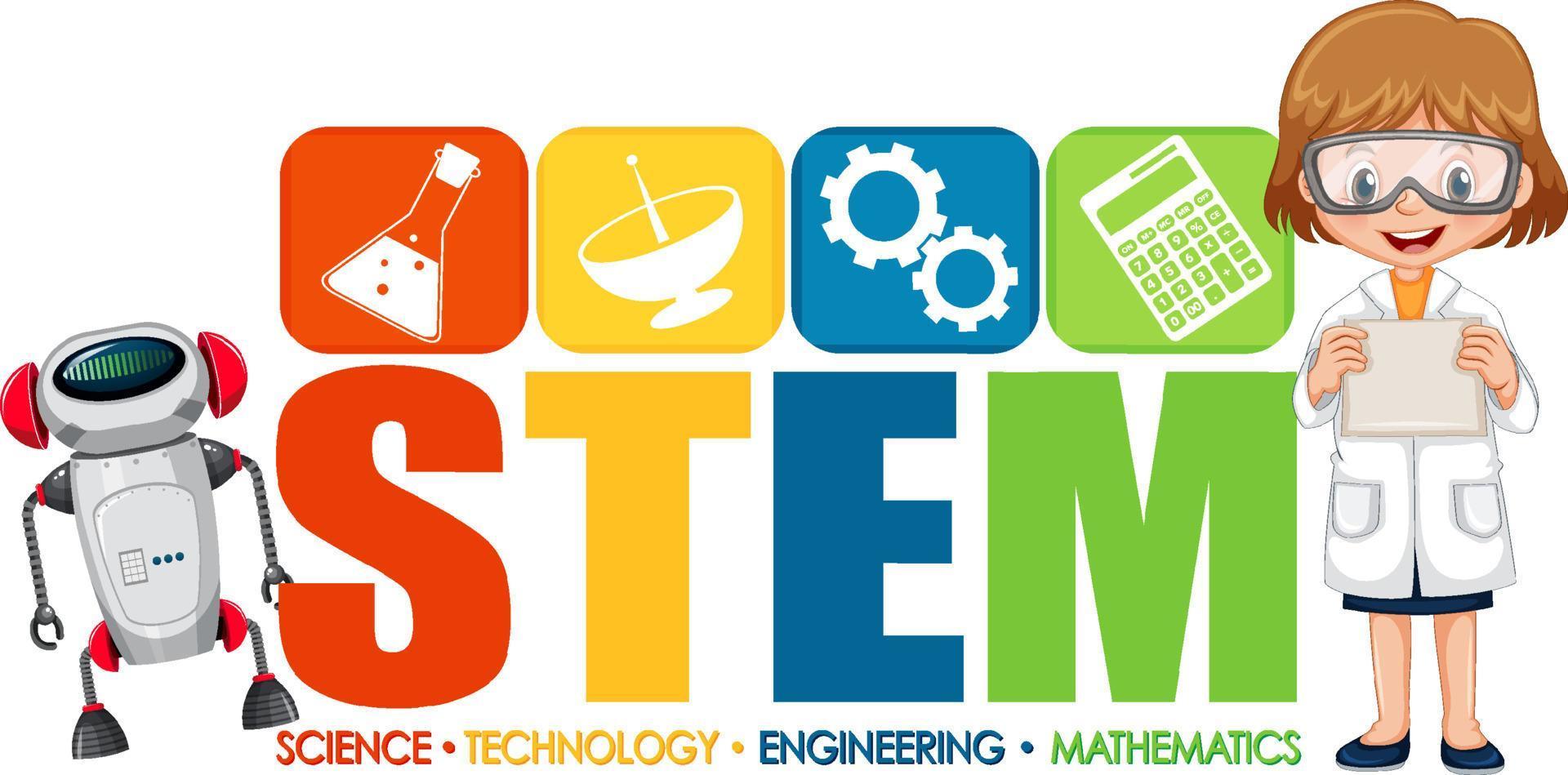 Scientist girl cartoon character with STEM logo banner vector