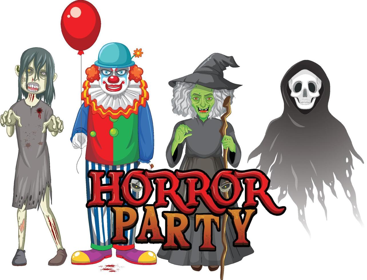 Horror Party text design with Halloween ghost characters vector