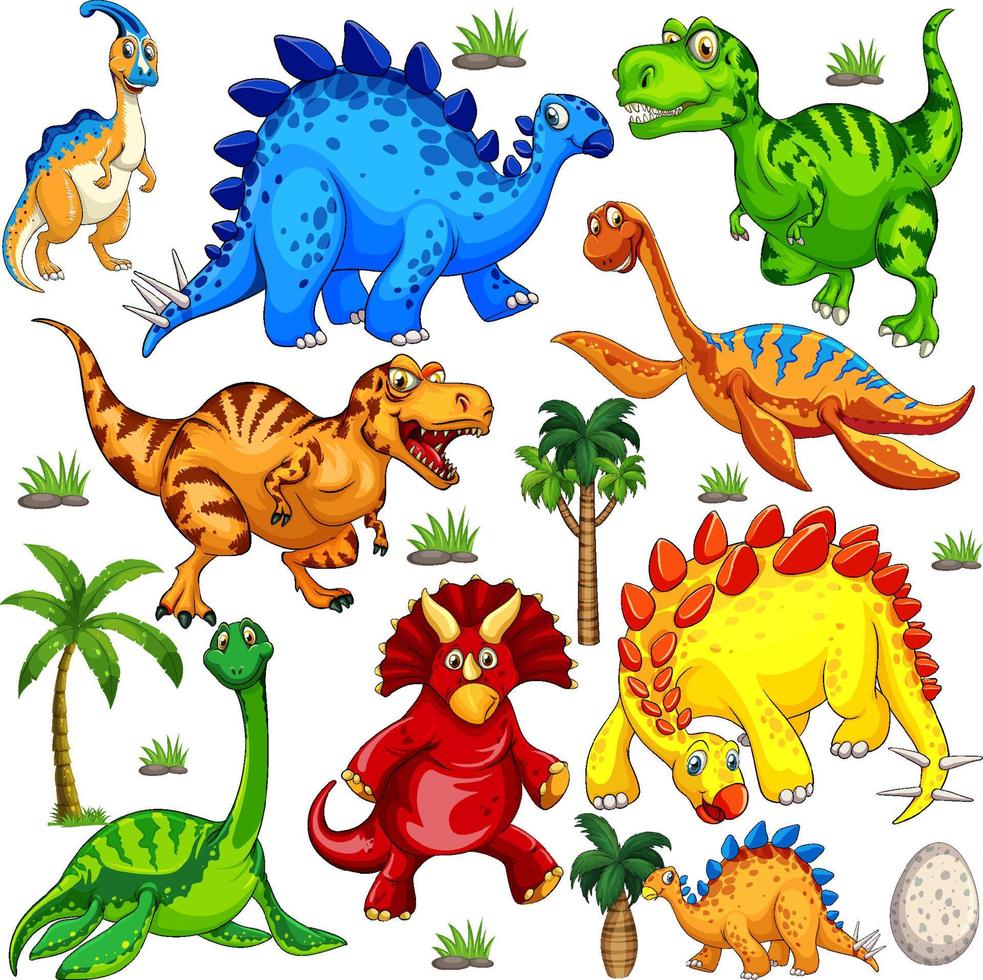 Set of isolated various dinosaurs cartoon character on white background vector