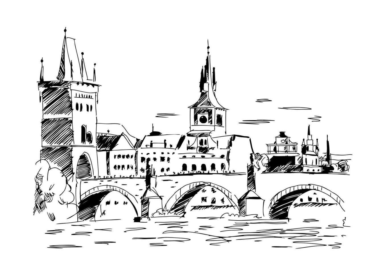 Prague, Czech Republic. Landmark Charles Bridge hand drawing vector