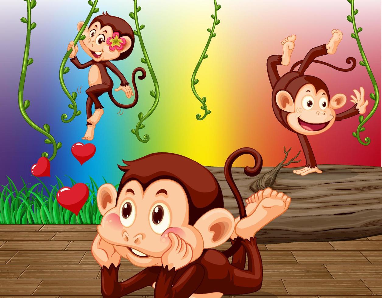 Funny monkeys hanging on liana on rainbow gradient background vector