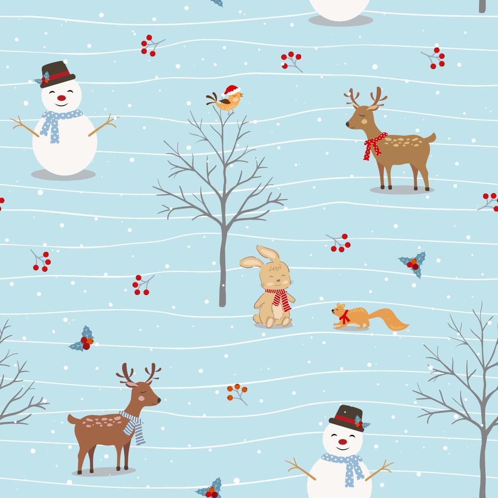 Seamless pattern with cute animals happy on winter season vector