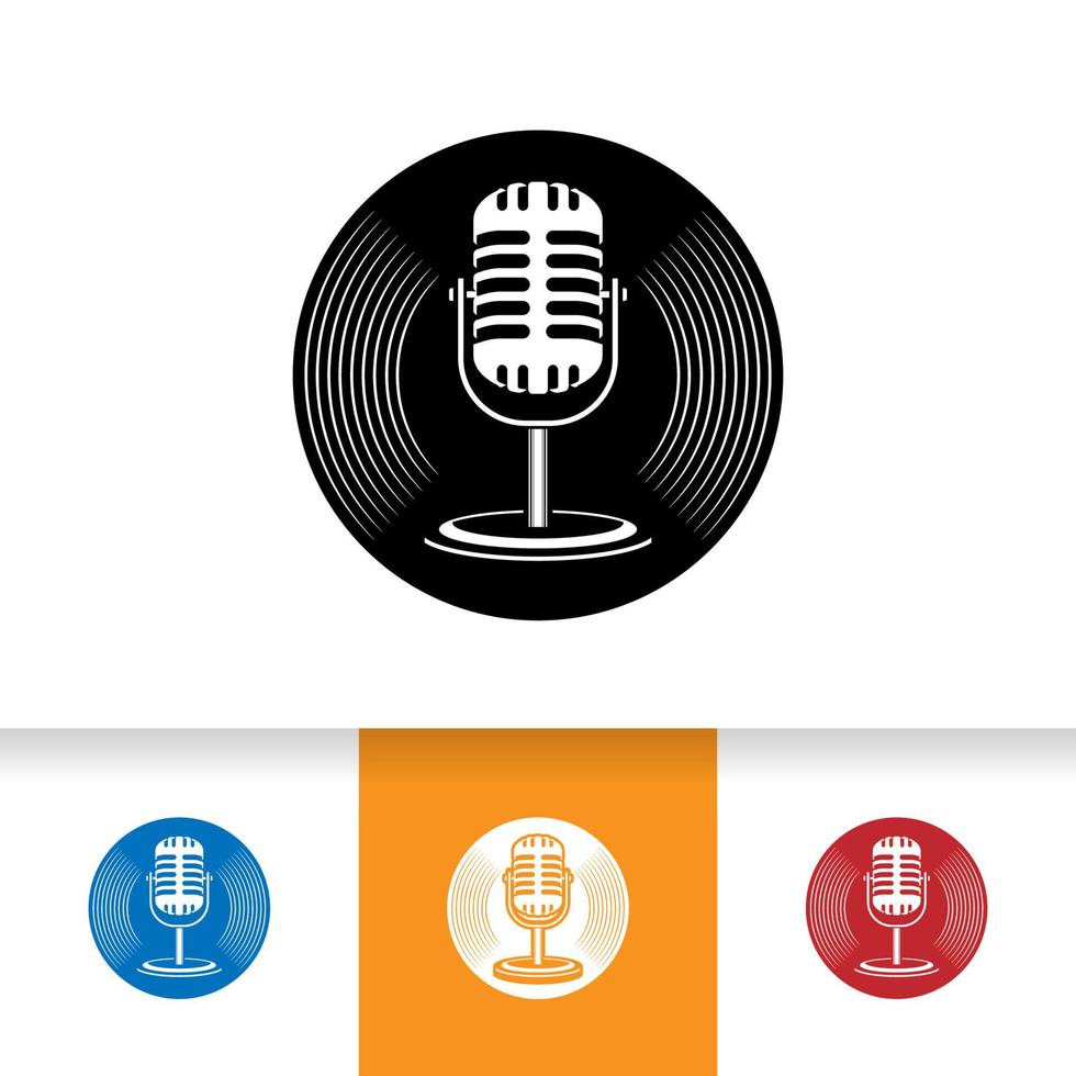 Podcast o logotipo de karaoke vocal de cantante con micrófono e icono de vinilo. vector