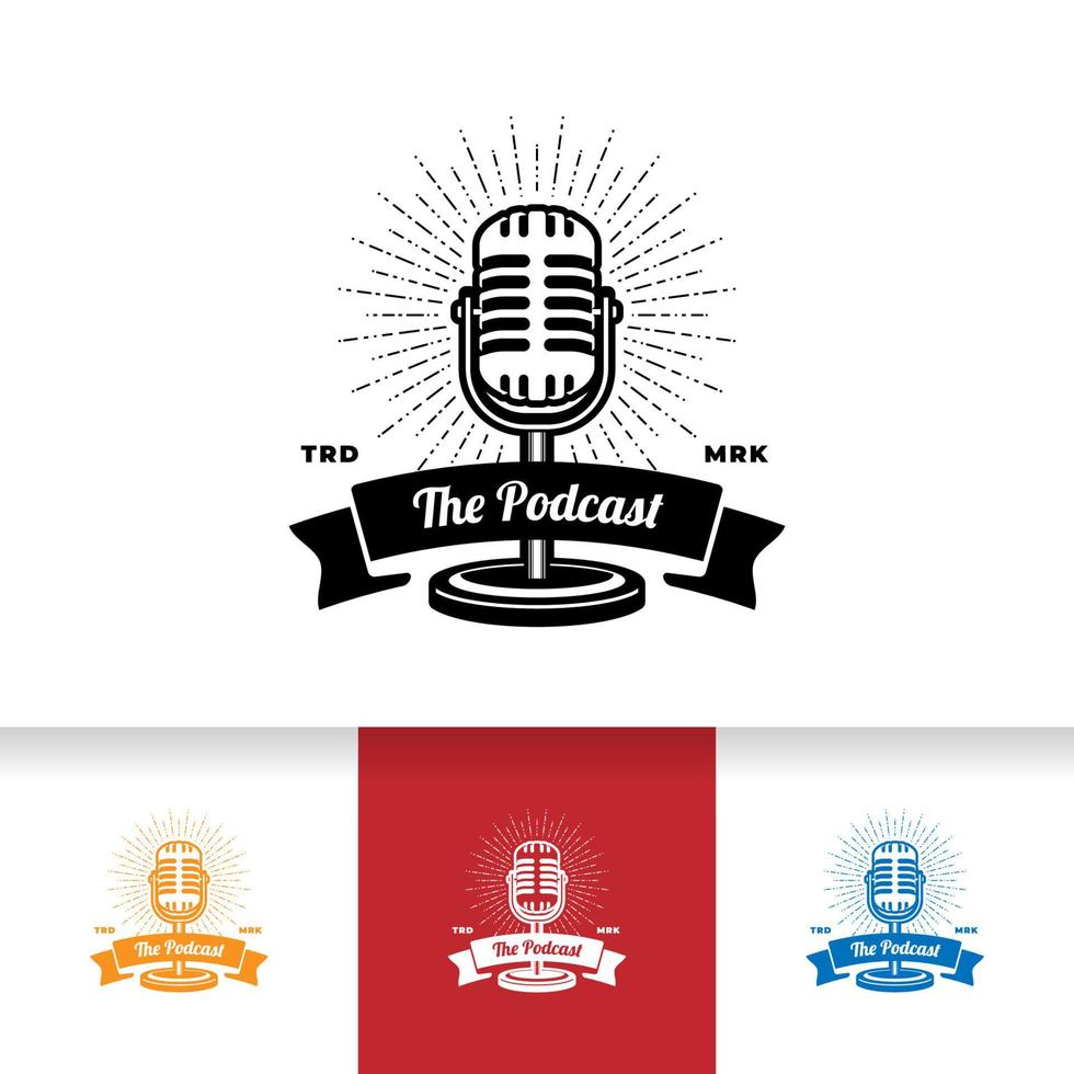 Podcast o diseño de logotipo de karaoke cantante con micrófono retro. vector