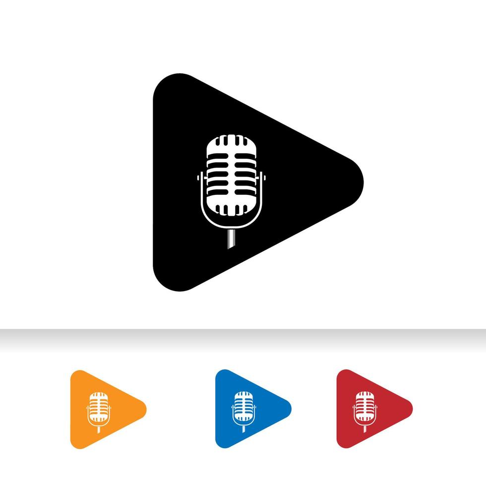 Reproducir podcast o logotipo de radio con micrófono retro e icono de botón de reproducción. vector