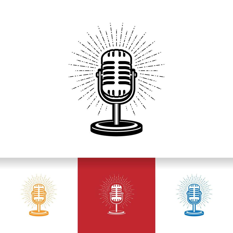 Podcast o diseño de logotipo de karaoke cantante con micrófono retro. vector