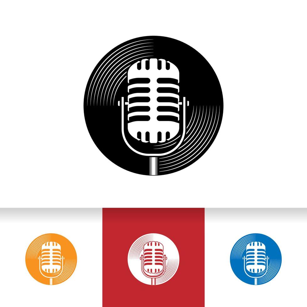 Podcast o logotipo de karaoke vocal de cantante con micrófono e icono de vinilo. vector