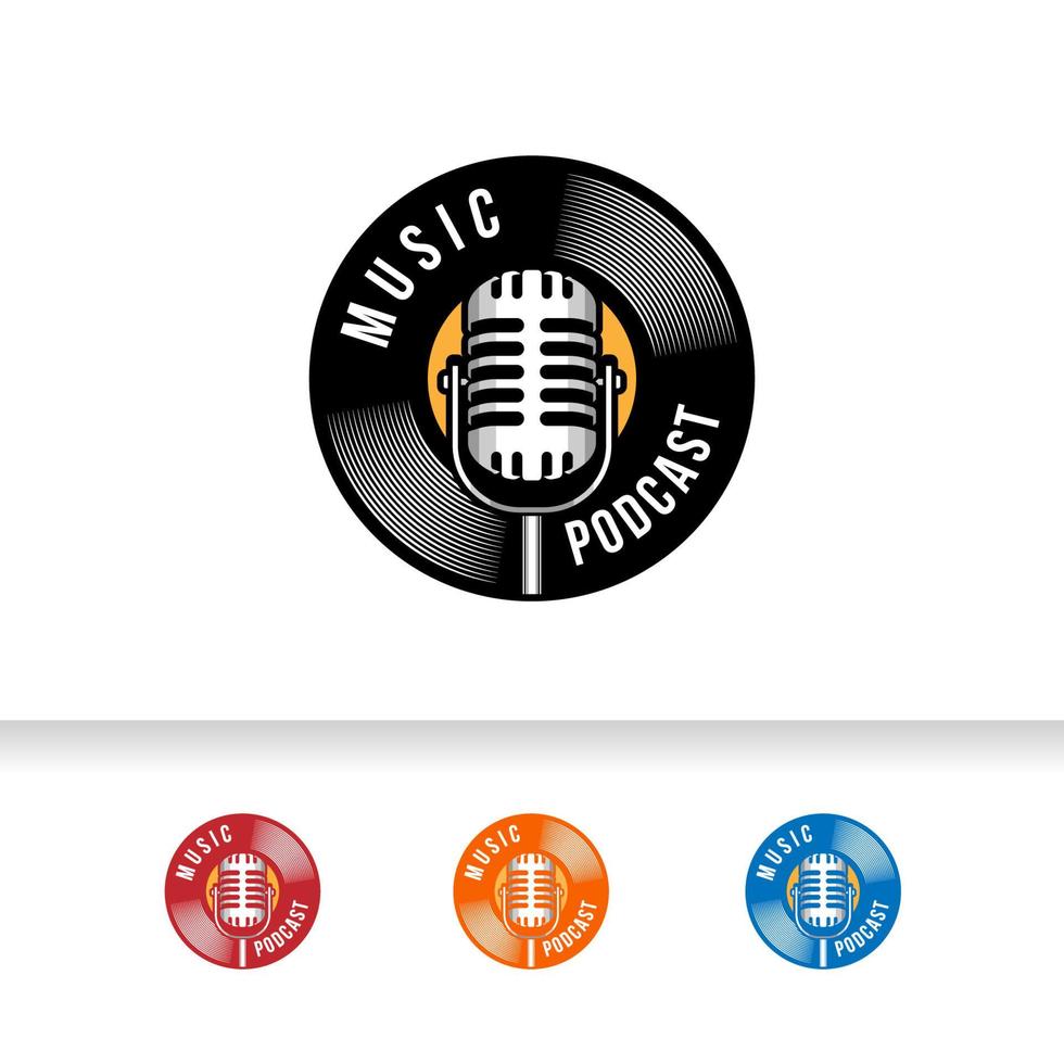 Podcast o logotipo de karaoke vocal de cantante con micrófono e icono de vinilo. vector