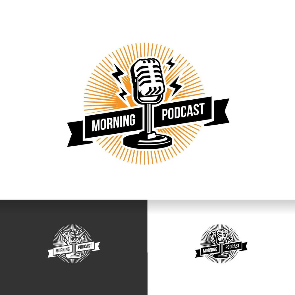 plantilla de logotipo de podcast. micrófono micrófono e ilustración de la salida del sol. vector