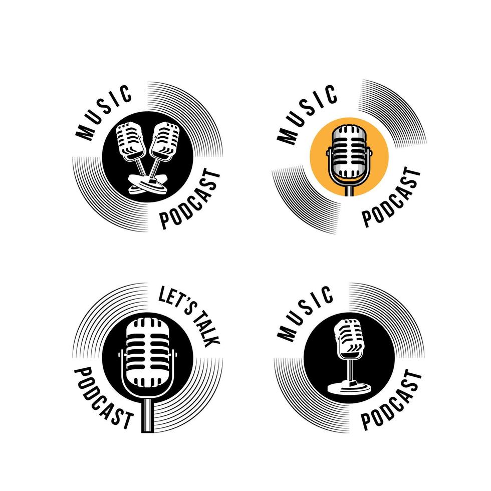 Podcast o logotipo vocal de cantante con micrófono retro e icono de vinilo. vector