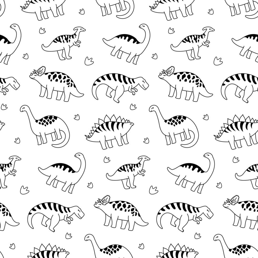 Black and white contour dinosaurs. seamless pattern vector