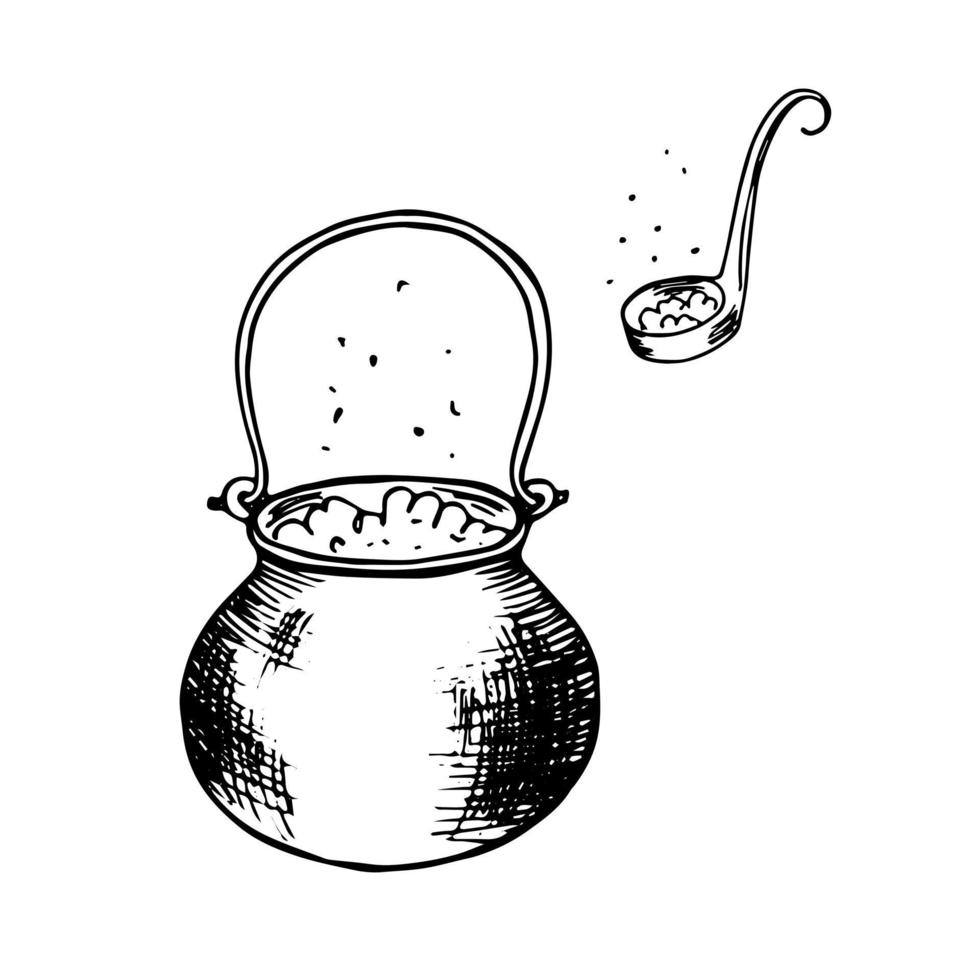 Witchs cauldron and  ladle spoon witchcraft potion. Magic elixir  soup vector