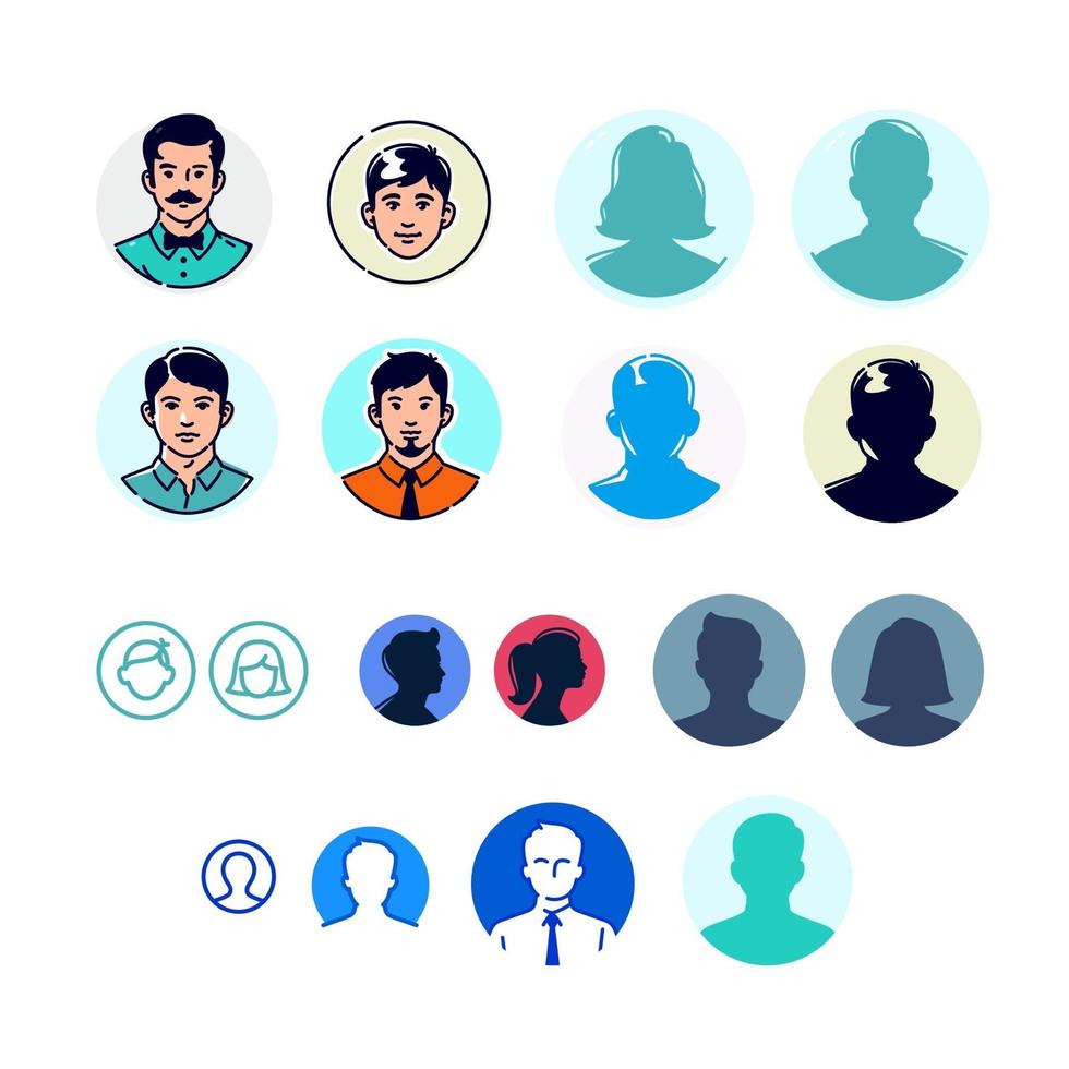 Illustrations and icons of male and female avatars. vector